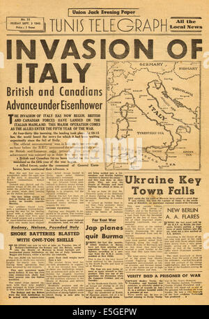 1943 Union Jack soir Tunis Telegraph (papier journal militaire britannique) front page alliés rapports envahir l'Italie Banque D'Images