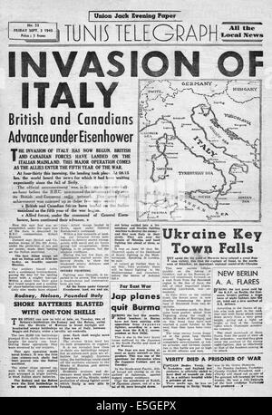 1943 Union Jack soir Tunis Telegraph (papier journal militaire britannique) front page alliés rapports envahir l'Italie Banque D'Images