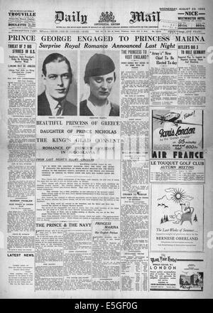 1934 Daily Mail/la page déclaration de l'engagement de Prince George et la Princesse Marina de Grèce Banque D'Images