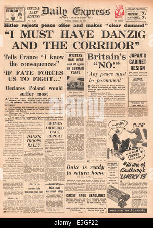 1939 Daily Express/la page déclaration Adolf Hitler offres Danzig et Corridor polonais Banque D'Images