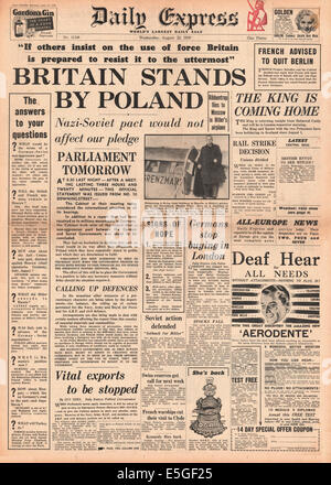 1939 front page Express quotidien du gouvernement britannique de déclaration s'engagent à se tenir par la Pologne s'ils sont attaqués Banque D'Images