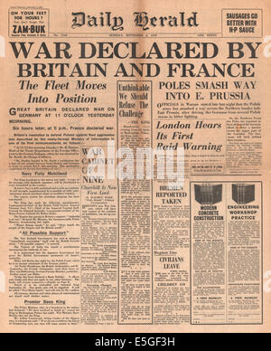 1939 Daily Herald/la page déclaration La déclaration de la guerre à l'Allemagne par la Grande-Bretagne et la France Banque D'Images