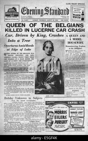 1935 Evening Standard (Londres) front page Rapport sur le décès de la Reine Astrid de Belgique Banque D'Images