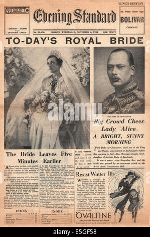 1935 Evening Standard (Londres) la page déclaration avant mariage du duc de Gloucester et Lady Alice Scott Montague-Douglas Banque D'Images