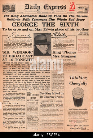 1936 Daily Express Rapports page d'abdication du roi Édouard VIII et proclamation du roi George VI Banque D'Images