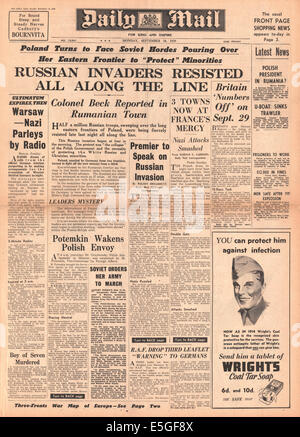 1939 Daily Mail page avant le vol de rapports du gouvernement polonais de faire progresser les armées allemande et russe Banque D'Images