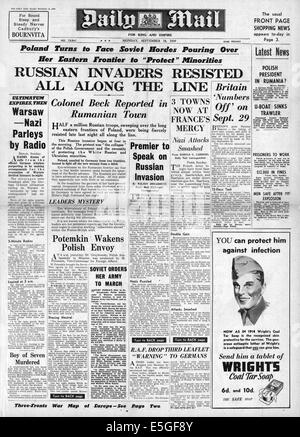 1939 Daily Mail page avant le vol de rapports du gouvernement polonais de faire progresser les armées allemande et russe Banque D'Images