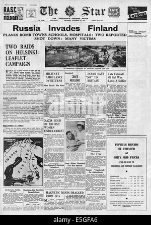 1939 L'Étoile (Londres) front page reporting invasion russe de la Finlande Banque D'Images