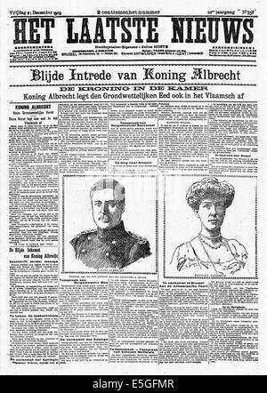 1909 Het Laatste Nieuws front page rapports le couronnement du Roi Albert Ier de Belgique Banque D'Images