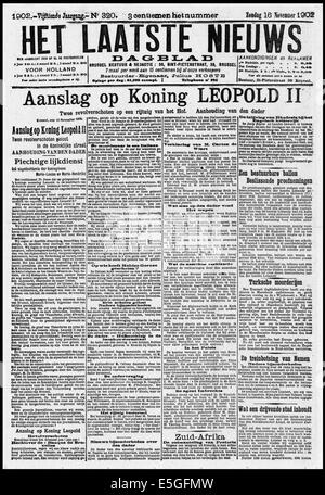 1909 Het Laatste Nieuws front page signalé la tentative d'assassinat sur le roi Léopold II de Belgique Banque D'Images