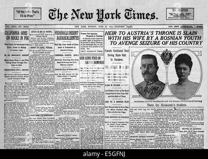 1914 Le New York Times sur la page déclaration assassinat de l'archiduc François-Ferdinand d'Autriche-Hongrie par Gavrilo Princip des Serbes à Sarajevo Banque D'Images