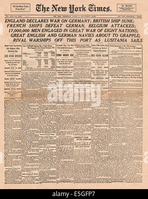 1914 New York Times/la page déclaration La déclaration de la guerre à l'Allemagne en Grande-Bretagne Banque D'Images