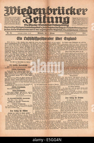 Wiedenbrucke Zeitung (Allemagne) page de la marine allemande de rapports sur l'Angleterre des raids de Zeppelin's east coast Banque D'Images