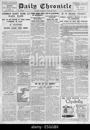 1919 Daily Chronicle page avant la déclaration de sabordage de la flotte allemande à Scapa Flow Banque D'Images