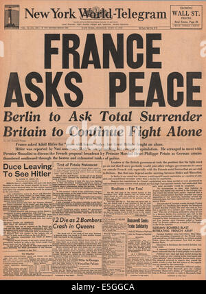 1940 New York World Telegram -rapports page avant la France a abandonné à l'Allemagne Banque D'Images