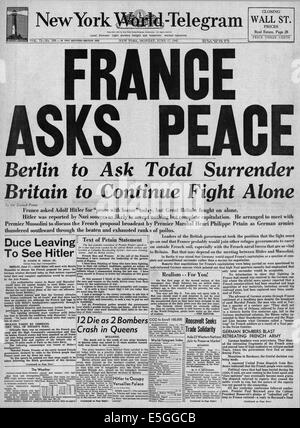 1940 New York World Telegram -rapports page avant la France a abandonné à l'Allemagne Banque D'Images