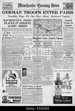 1940 Manchester Evening News front page reporting Paris tombe à forces Allemandes Banque D'Images