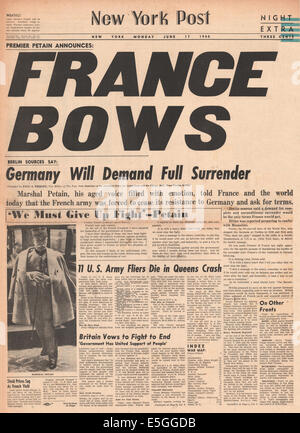 1940 New York Post/la page déclaration La France a abandonné à l'Allemagne Banque D'Images