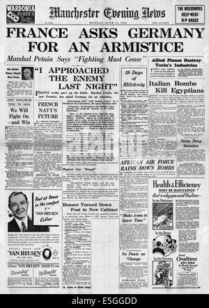 1940 Manchester Evening News front page reporting La France a abandonné à l'Allemagne Banque D'Images