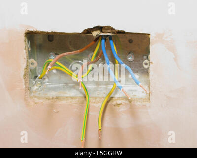 Prises électriques avec fils prête pour le câblage dans une nouvelle propriété ou d'extension Banque D'Images