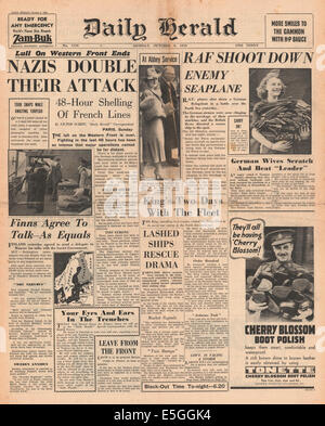 1939 Daily Herald page avant le bombardement des forces allemandes de déclaration des positions françaises sur le front de l'Ouest Banque D'Images