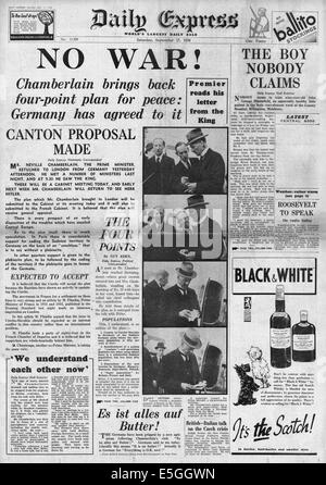 1938 Daily Express/la page déclaration le premier ministre britannique Neville Chamberlain's les pourparlers de paix avec Adolf Hitler Banque D'Images