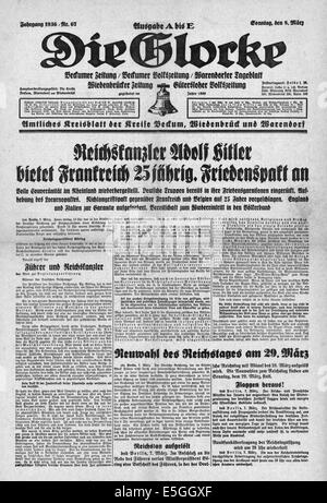 1936 Die Glocke (Allemagne) page de troupes allemandes de rapports entre la Rhénanie Banque D'Images