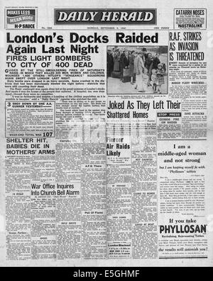 1940 Daily Herald/la page déclaration Luftwaffe raid contre Londres Banque D'Images