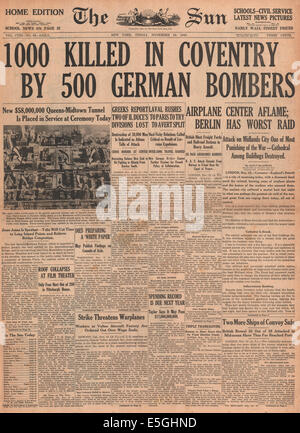 1940 Le Soleil (New York) front page reporting Bombardement de Coventry par la Luftwaffe allemande Banque D'Images