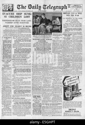 1940 Daily Telegraph rapports page avant naufrage du paquebot Ville d'Benaresby sous-marin allemand U- Banque D'Images