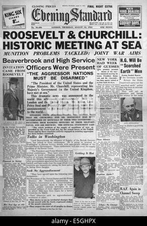 1941 Evening Standard (Londres)/la page déclaration Winston Churchill et Roosevelt parle de la Charte de l'Atlantique Banque D'Images