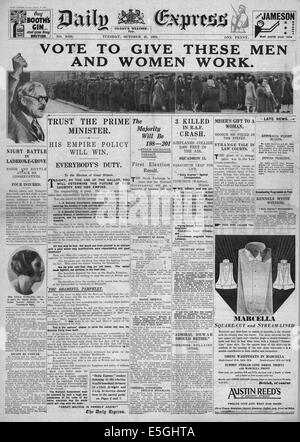 1931 front page Express tous les jours de l'élection générale de déclaration et le chômage Banque D'Images