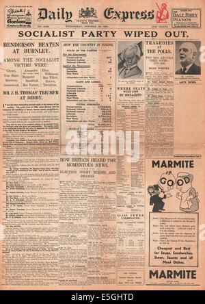 1931 Daily Express/la page déclaration Ramsay MacDonald's Conservateur gagne les élections générales Banque D'Images