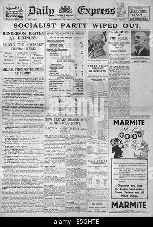 1931 Daily Express/la page déclaration Ramsay MacDonald's Conservateur gagne les élections générales Banque D'Images