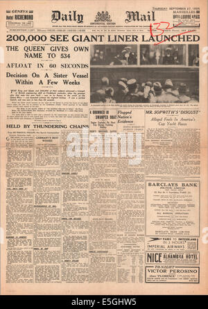 1934 Daily Mail rapports page avant le lancement du paquebot Queen Mary Banque D'Images