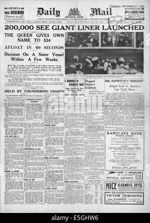 1934 Daily Mail rapports page avant le lancement du paquebot Queen Mary Banque D'Images