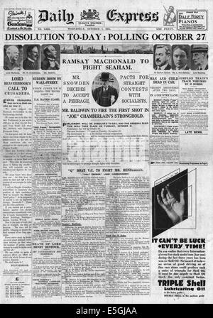 1931 Daily Express/la page déclaration de la dissolution du parlement et a annoncé des élections générales Banque D'Images