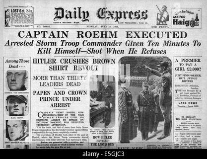 1938 front page Daily Express S.A. rapport chef Ernst Röhm exécuté Banque D'Images