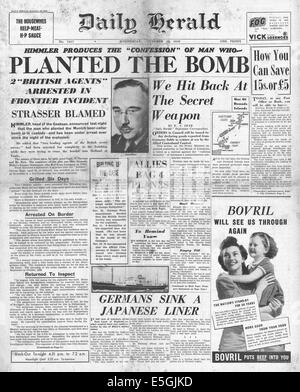 1939 Daily Herald/la page déclaration Otto Strasser accusé d'organisation de bombe à tuer Hitler Banque D'Images