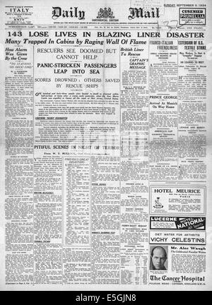 1934 Daily Mail page avant la déclaration de catastrophe paquebot Morro Castle Banque D'Images