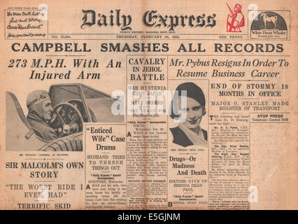 1933 Daily Express/la page déclaration Sir Malcolm Campbell se casse land speed record dans sa voiture Bluebird à Daytona Beach Banque D'Images