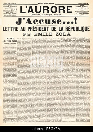 1896 L'aurore (France) page d'Emile Zola rapports lettre au Président 'J'accuse..' J'accuse, Lettre au Président de la République' relatives à l'affaire Dreyfus Banque D'Images