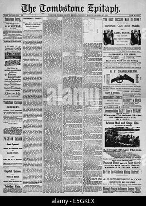 Tombstone Epitaph 1881 page avant la fusillade de rapport à l'O.K.Corral entre les frères Earp, Doc Holliday et les Clanton et McLaury brothers Banque D'Images