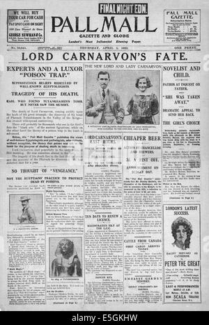 1923 Pall Mall Gazette front page signalé la mort de Lord Carnarvon après avoir trouvé le tombeau de Tutenkhamen Banque D'Images