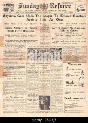 Arbitre Dimanche 1935 page d'Abyssinie rapports appels sur Société des nations d'appliquer des sanctions contre l'Italie Banque D'Images