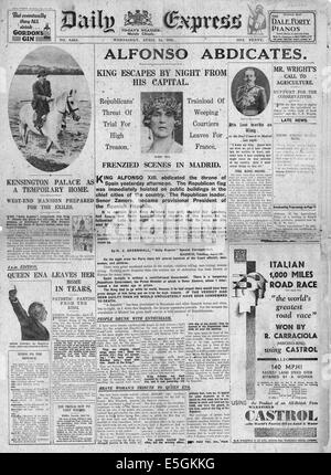 1931 Daily Express/la page déclaration l'abdication du roi Alphonse XIII d'Espagne Banque D'Images