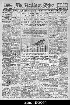 1919 L'Écho du nord/la page déclaration Alcock & Brown vol transatlantique Banque D'Images