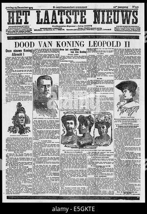 1909 Het Laatste Nieuws/la page déclaration du décès du Roi Léopold II de Belgique Banque D'Images