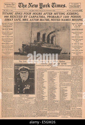 1912 Le New York Times (USA)/la page déclaration le naufrage de Titanic de la White Star Banque D'Images