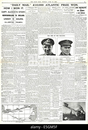 1919 Daily Mail page 5 rapports Alcock & Brown vol transatlantique Banque D'Images